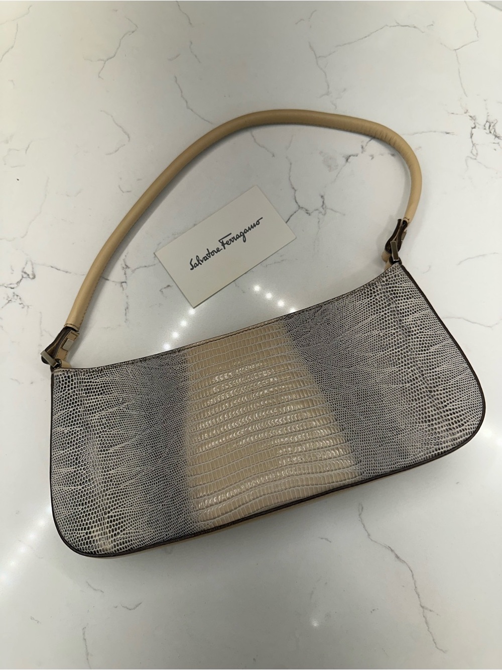 Salvatore Ferragamo Beige and Gray Croc-Embossed Shoulder Bag